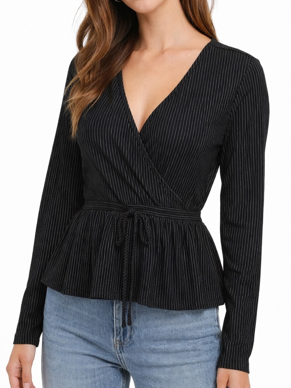 Good Luck Gem NWT Black Pinstripe‎ Wrap Peplum Top Size XS